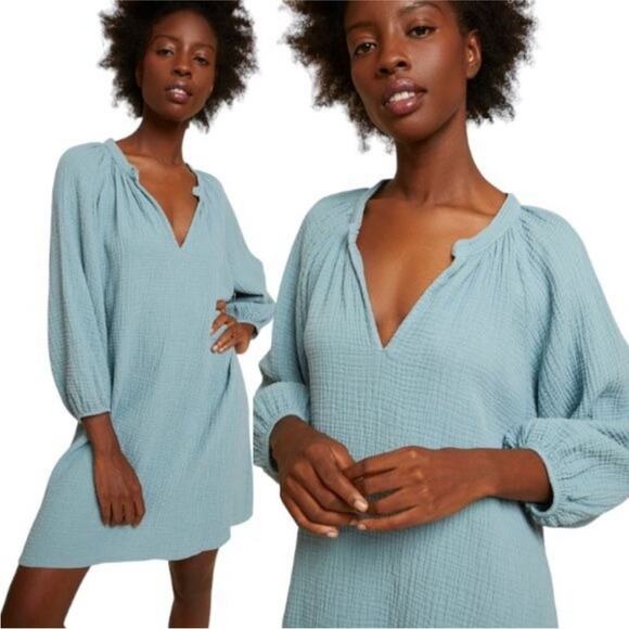 Nation LTD Dresses & Skirts - Nation LTD Nala Peasant Dress Dusty Blue Long Sleeve Cotton Dress Size Small